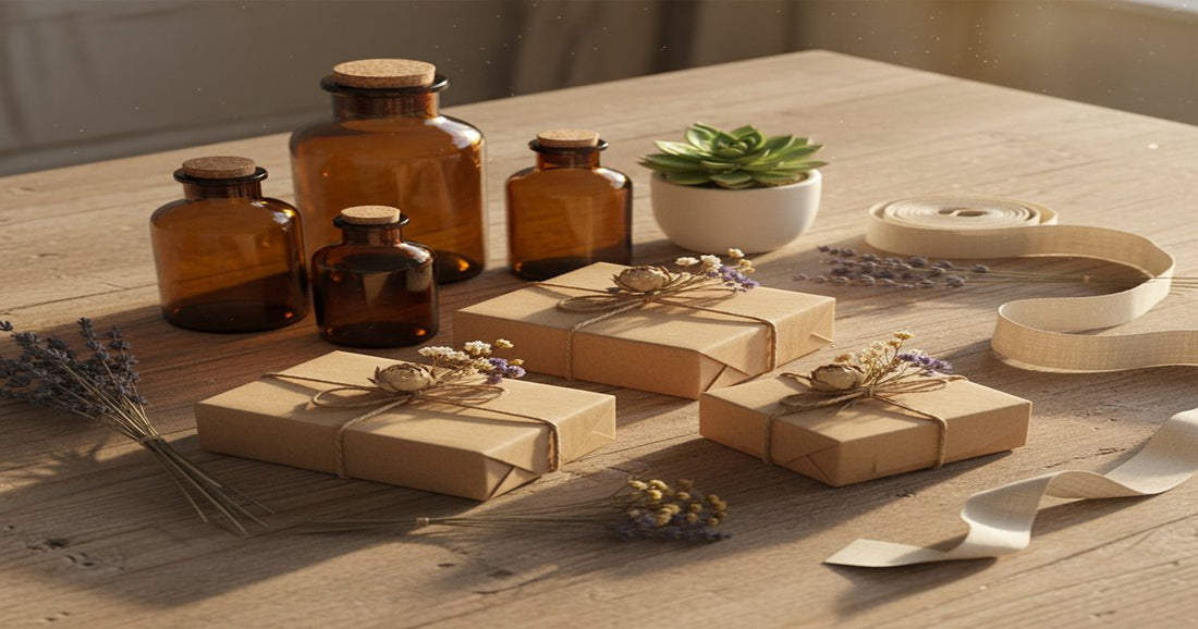 Regalos ecológicos envueltos en papel kraft con plantas y aceites esenciales