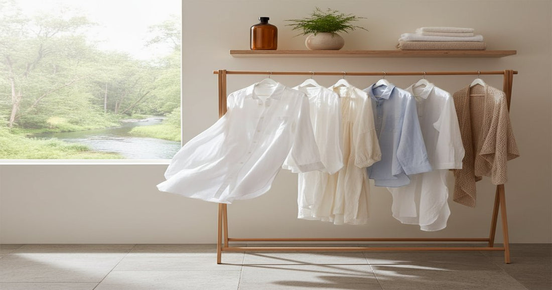 Detergente biodegradable ecológico junto a ropa limpia y plantas