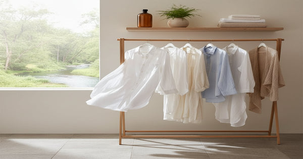 Detergente biodegradable ecológico junto a ropa limpia y plantas