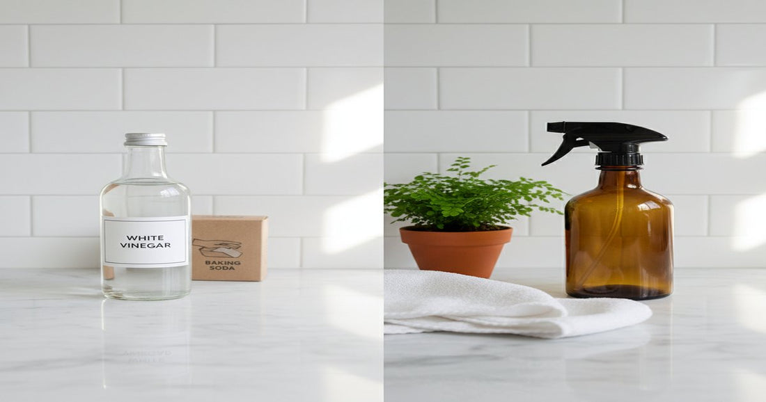 Comparación de limpieza natural con vinagre bicarbonato y productos ecológicos