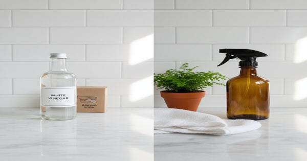 Comparación de limpieza natural con vinagre bicarbonato y productos ecológicos