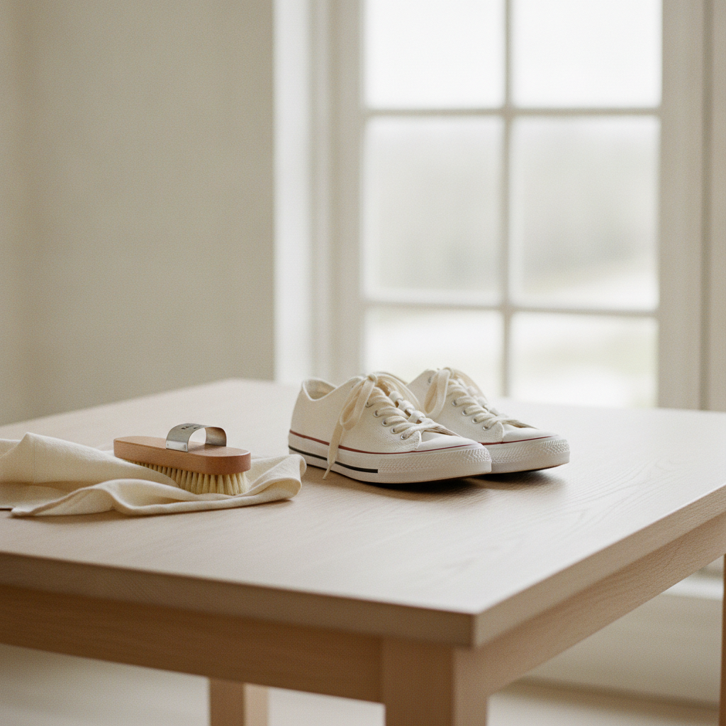 Tenis blancos limpios sobre mesa de madera