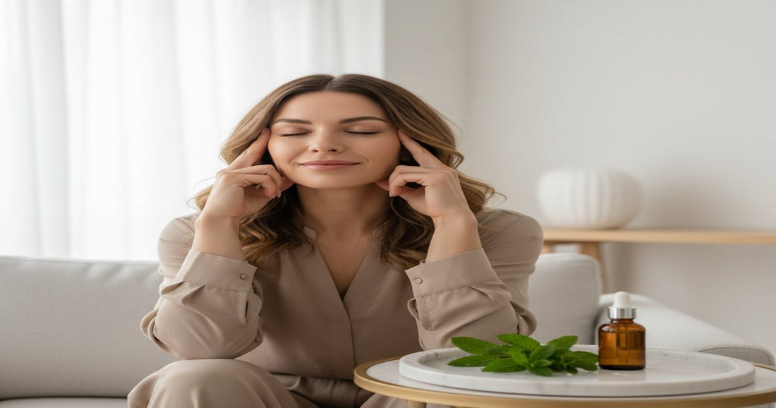 Persona aplicando aceite esencial de menta en las sienes para el dolor de cabeza