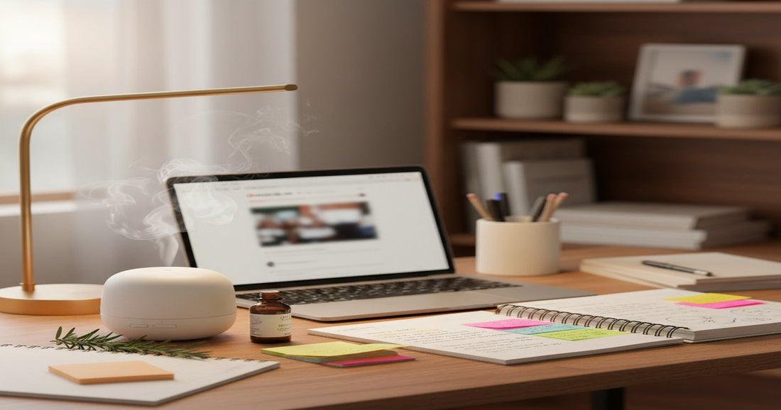 Escritorio de estudio con aceites esenciales y difusor para concentración