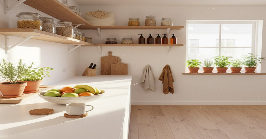 Hogar ecológico con productos de limpieza naturales y plantas