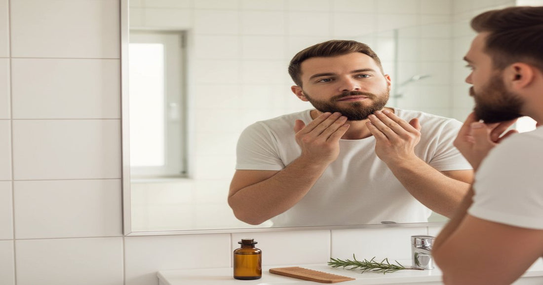 Hombre aplicando aceite de romero en la barba para crecimiento natural