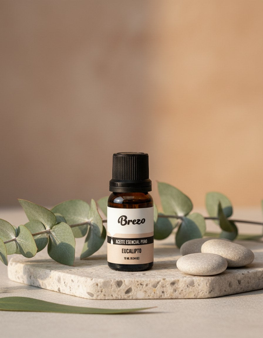 Aceite Esencial Eucalipto Puro Brezo 10ml - lifestyle sobre superficie elegante