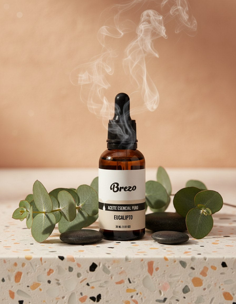 Aceite Esencial Eucalipto Puro Brezo 30ml - lifestyle sobre superficie elegante