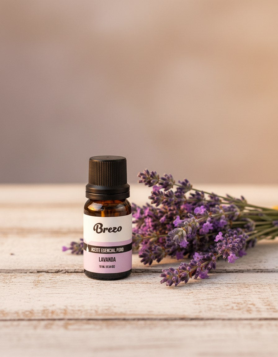 Aceite Esencial Lavanda Pura Brezo 10ml - lifestyle sobre superficie elegante
