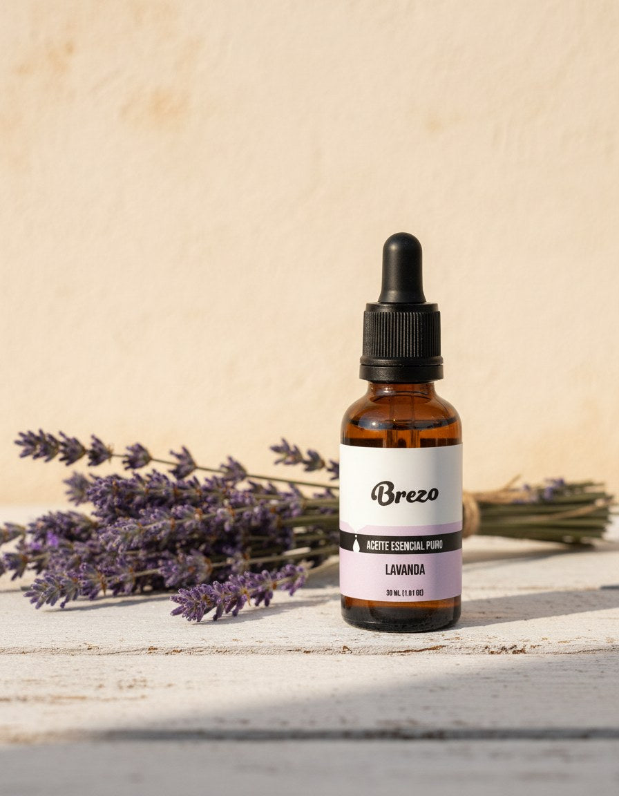 Aceite Esencial Lavanda Pura Brezo 30ml - lifestyle sobre superficie elegante