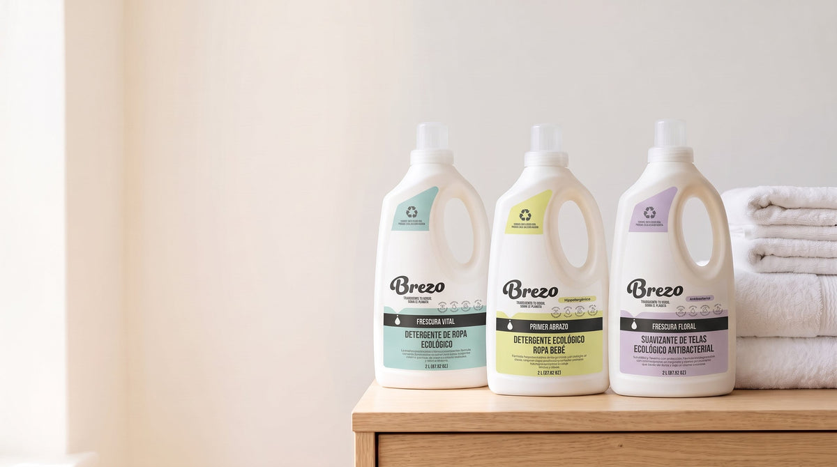 Detergente de ropa, detergente para bebé y suavizante de telas Brezo junto a toallas blancas